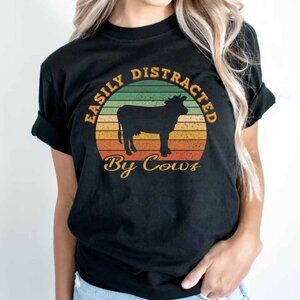 Easily distracted by cows shirt for cow lover, Retro sunset cow lover
